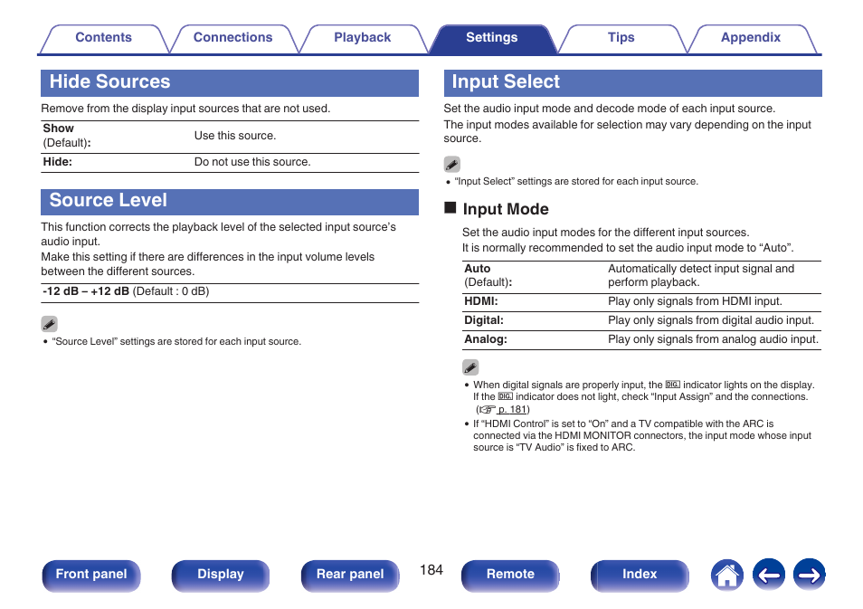 Hide sources, Source level, Input select | Source. (v p. 184), V p. 184), Oinput mode | Marantz NR1606 User Manual | Page 184 / 291