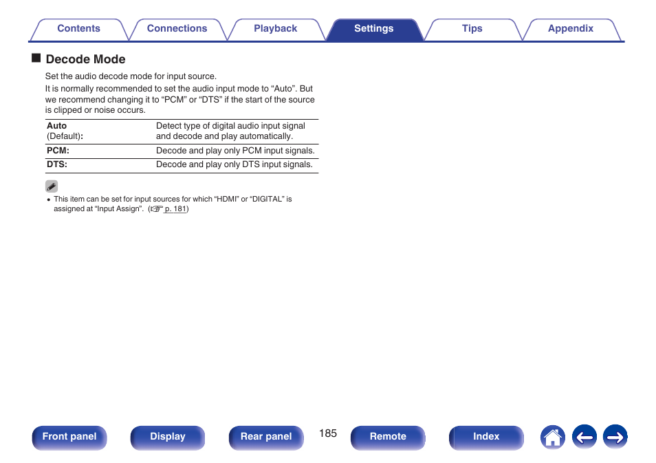 Odecode mode | Marantz NR1606 User Manual | Page 185 / 291