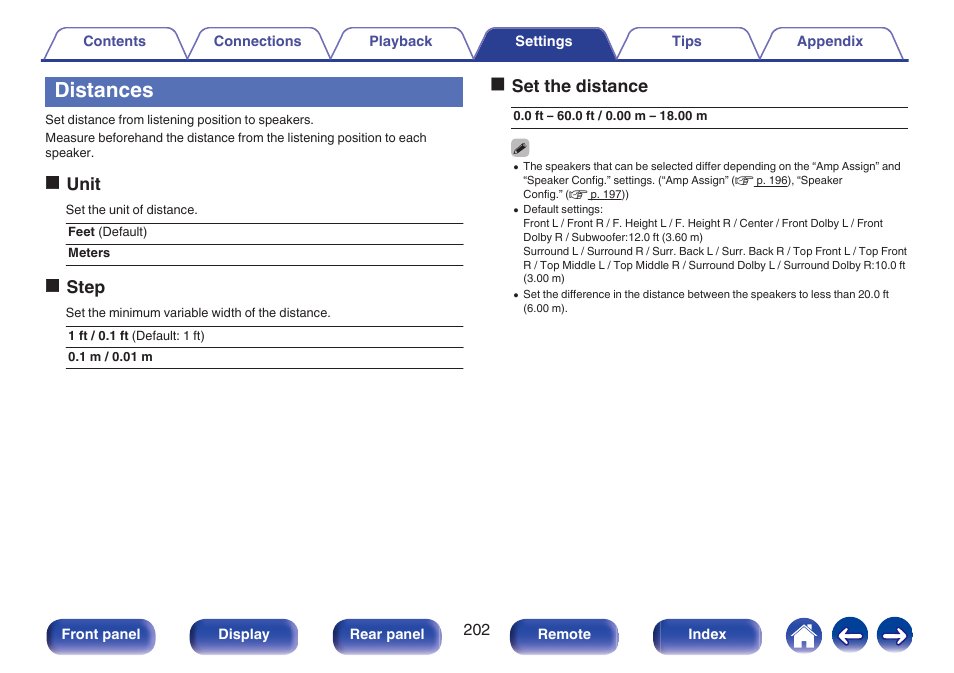 Distances, Ounit, Ostep | Oset the distance | Marantz NR1606 User Manual | Page 202 / 291