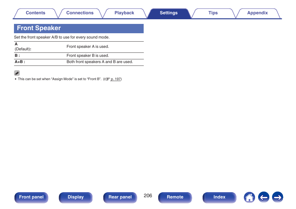 Front speaker, V p. 206) | Marantz NR1606 User Manual | Page 206 / 291