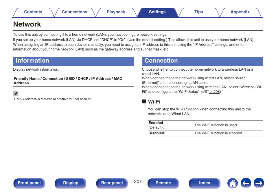 Network, Information, Connection | Ip address, etc. in “network”. (v p. 207), Information” ( v p. 207)), V p. 207) | Marantz NR1606 User Manual | Page 207 / 291