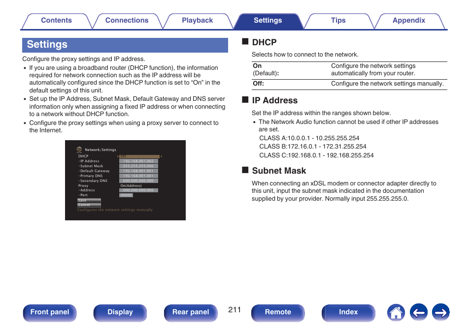 Settings, Odhcp, Oip address | Osubnet mask | Marantz NR1606 User Manual | Page 211 / 291