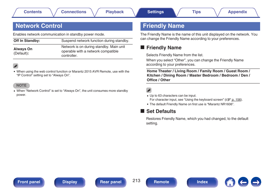 Network control, Friendly name, V p. 213) | Friendly name (v p. 213), Ofriendly name, Oset defaults | Marantz NR1606 User Manual | Page 213 / 291
