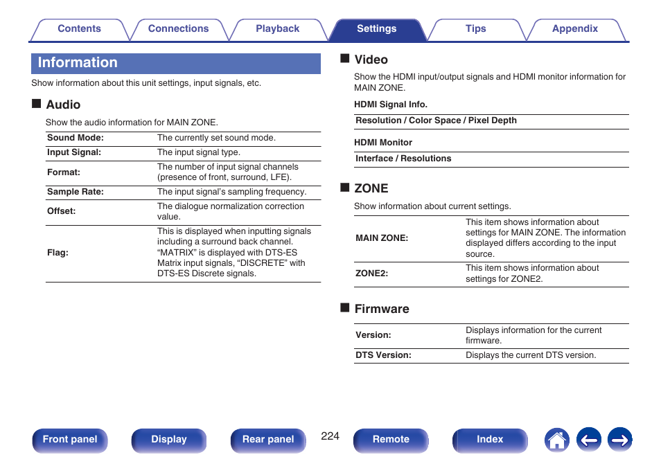 Information, Oaudio, Ovideo | Ozone, Ofirmware | Marantz NR1606 User Manual | Page 224 / 291