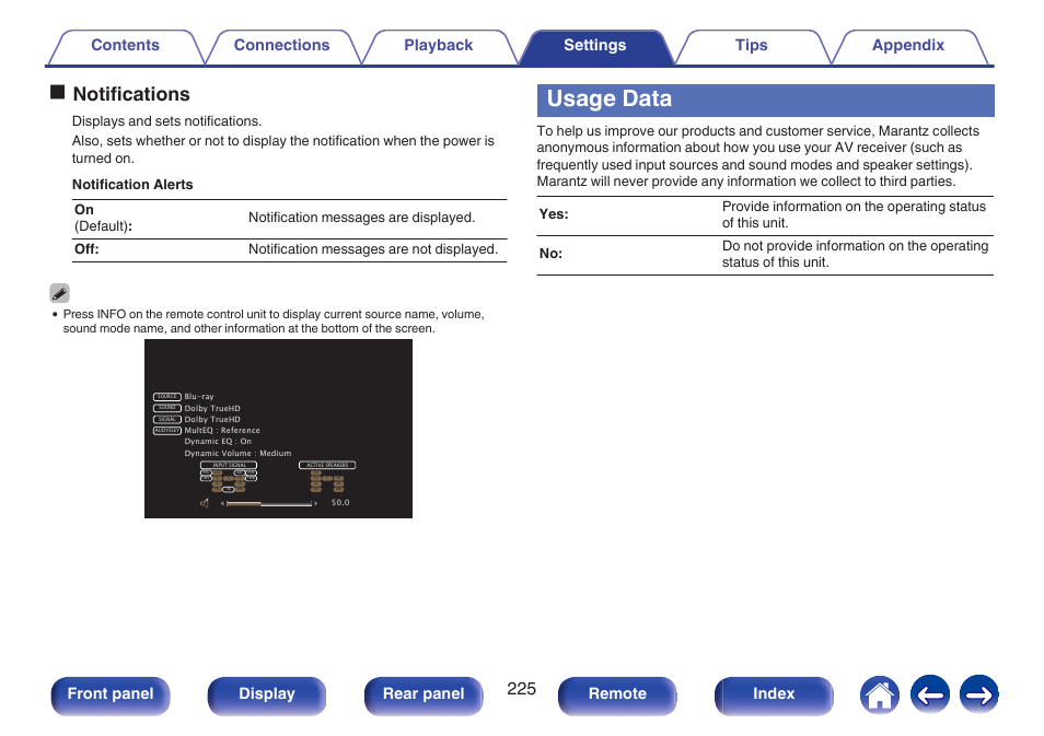 Usage data, Onotifications, Front panel display rear panel remote index | Marantz NR1606 User Manual | Page 225 / 291
