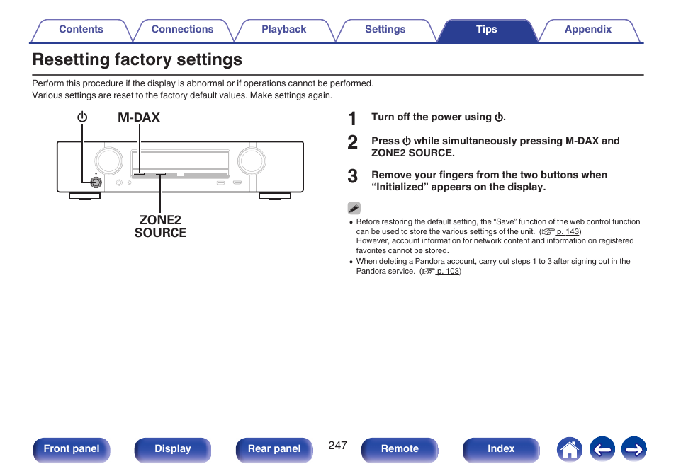 Resetting factory settings | Marantz NR1606 User Manual | Page 247 / 291