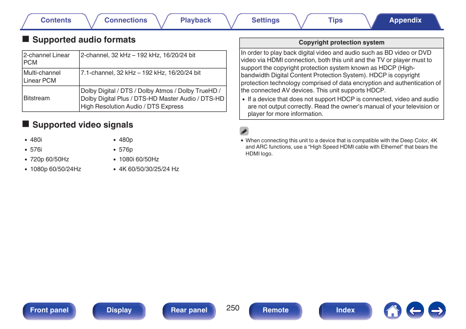 Osupported audio formats, Osupported video signals | Marantz NR1606 User Manual | Page 250 / 291