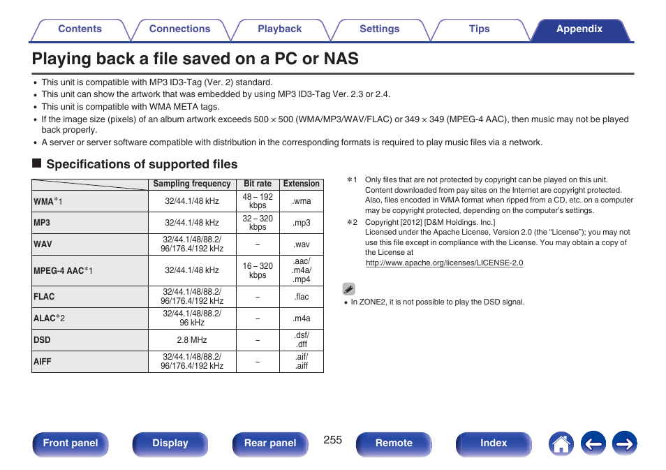 Playing back a file saved on a pc or nas, Nas” (v p. 255), Ospecifications of supported files | Marantz NR1606 User Manual | Page 255 / 291