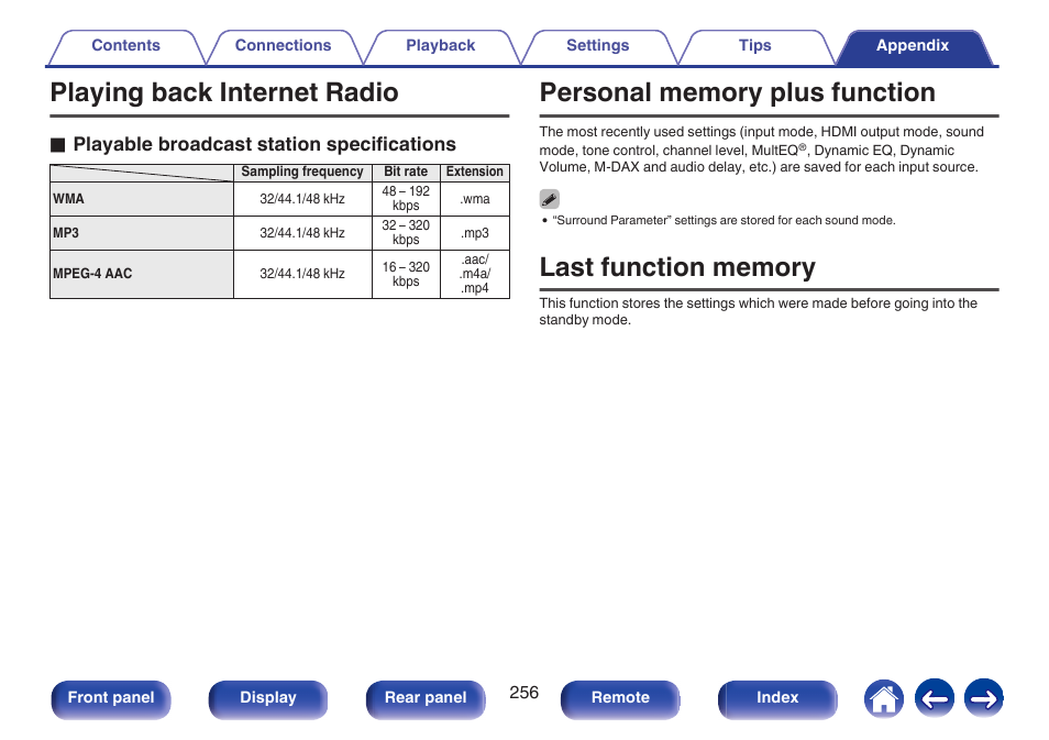 Playing back internet radio, Personal memory plus function, Last function memory | See “playing an internet radio station” (v p. 256), O playable broadcast station specifications | Marantz NR1606 User Manual | Page 256 / 291