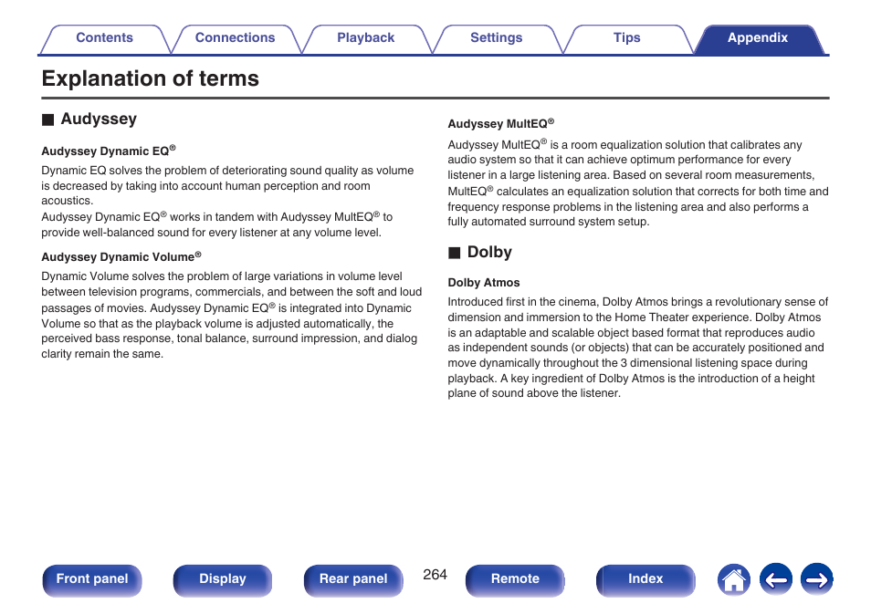 Explanation of terms, V p. 264), Explanation of terms” (v p. 264) | O audyssey, O dolby | Marantz NR1606 User Manual | Page 264 / 291