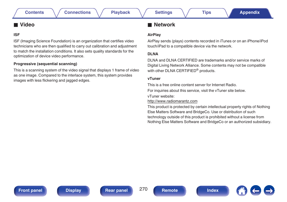 O video, O network | Marantz NR1606 User Manual | Page 270 / 291