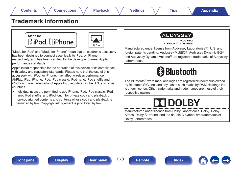 Trademark information | Marantz NR1606 User Manual | Page 273 / 291