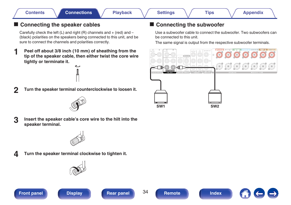 Connecting the subwoofer” (v p. 34) | Marantz NR1606 User Manual | Page 34 / 291