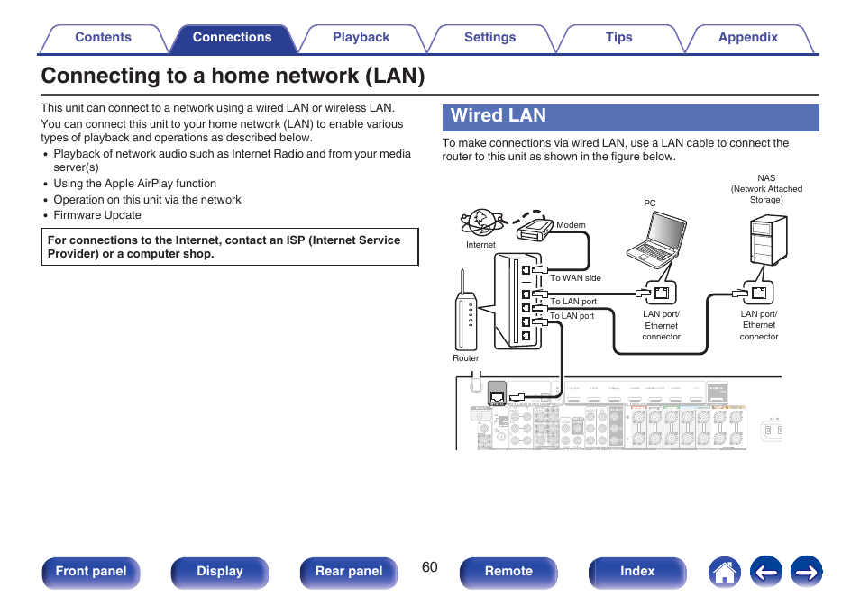 Connecting to a home network (lan), Wired lan, Network. (v p. 60) | Marantz NR1606 User Manual | Page 60 / 291