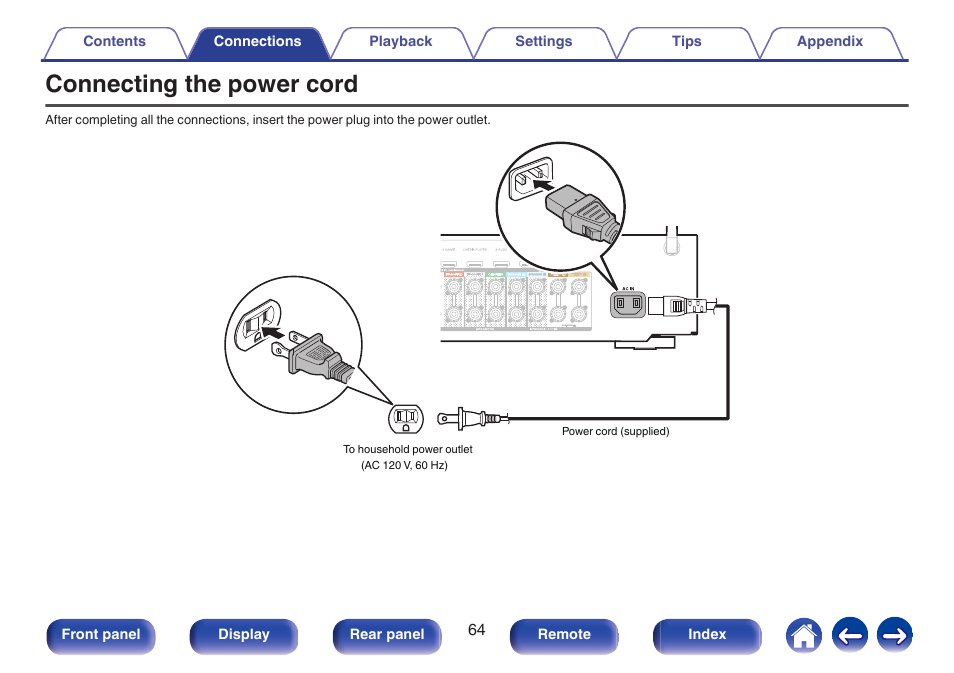 Connecting the power cord, V p. 64) | Marantz NR1606 User Manual | Page 64 / 291