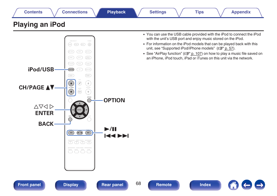 Playing an ipod, V p. 68) or “playing a usb memory device, Front panel display rear panel remote index | Marantz NR1606 User Manual | Page 68 / 291