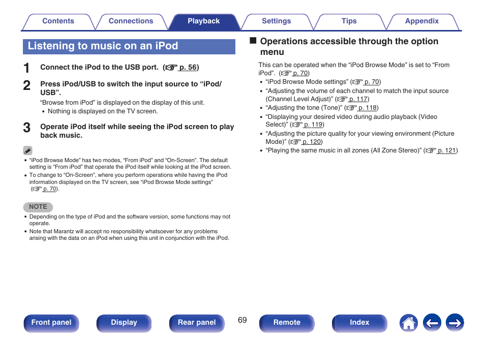 Listening to music on an ipod | Marantz NR1606 User Manual | Page 69 / 291