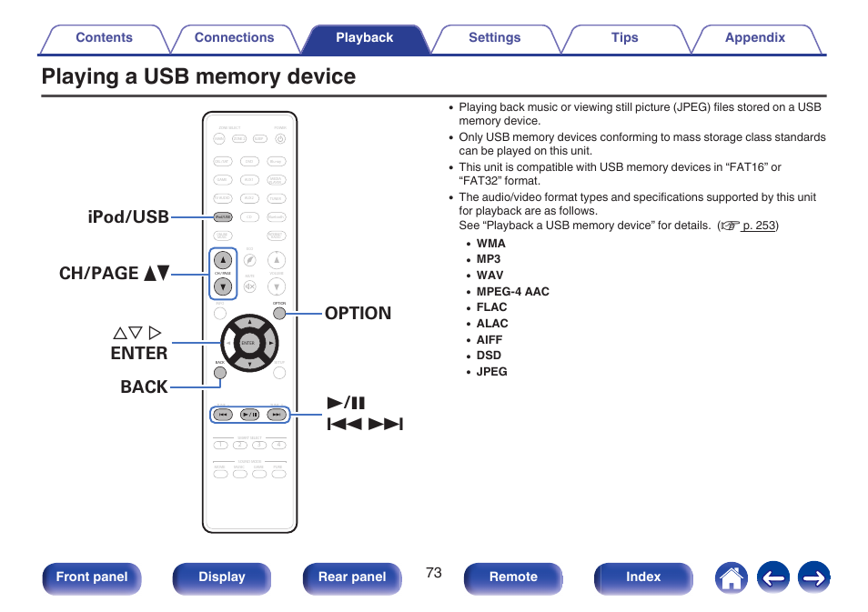 Playing a usb memory device, V p. 73), Front panel display rear panel remote index | Marantz NR1606 User Manual | Page 73 / 291