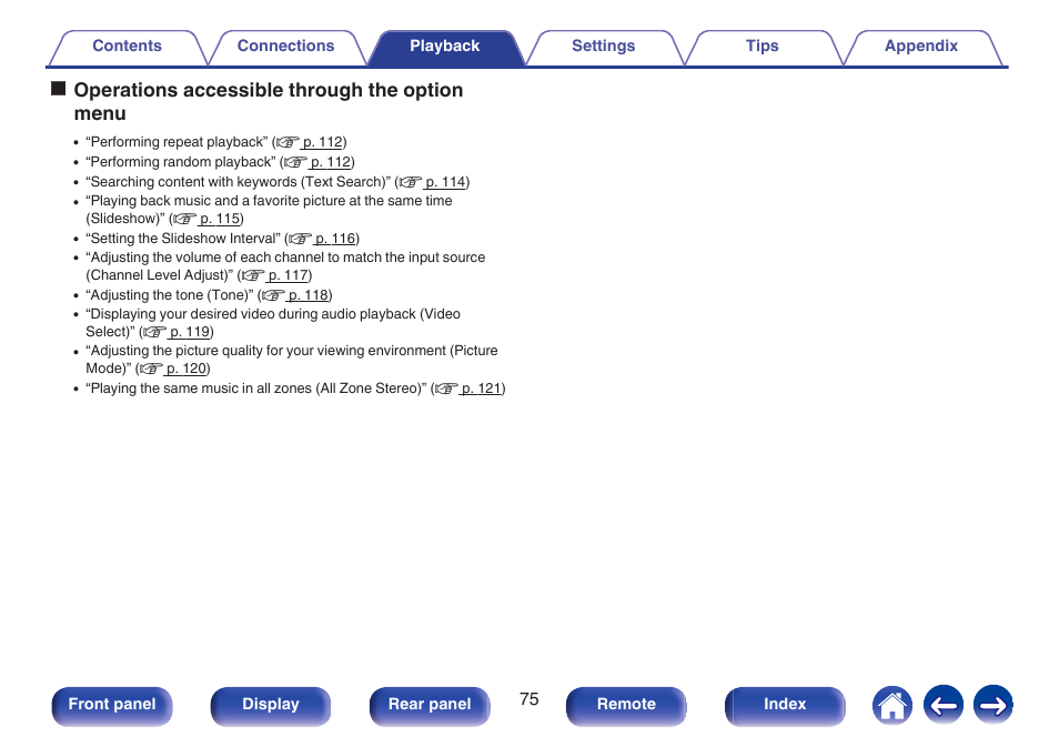 Ooperations accessible through the option menu | Marantz NR1606 User Manual | Page 75 / 291