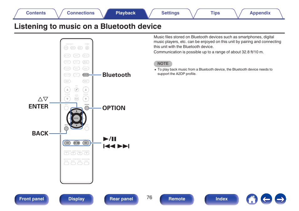 Listening to music on a bluetooth device, Easily ( v p. 76), 1 / 3 8 9 ui enter option bluetooth back | Front panel display rear panel remote index | Marantz NR1606 User Manual | Page 76 / 291