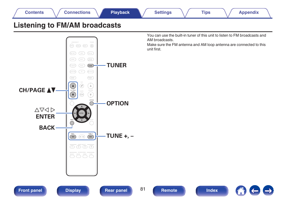 Listening to fm/am broadcasts, Listening to fm/am broadcasts” (v p. 81)), Tuner uio p enter ch/page df back tune +, – option | Front panel display rear panel remote index | Marantz NR1606 User Manual | Page 81 / 291