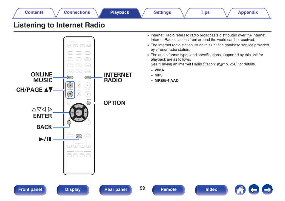 Listening to internet radio, V p. 89), Front panel display rear panel remote index | Marantz NR1606 User Manual | Page 89 / 291