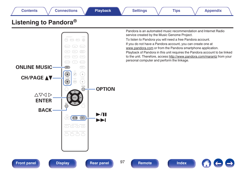 Listening to pandora, Front panel display rear panel remote index | Marantz NR1606 User Manual | Page 97 / 291