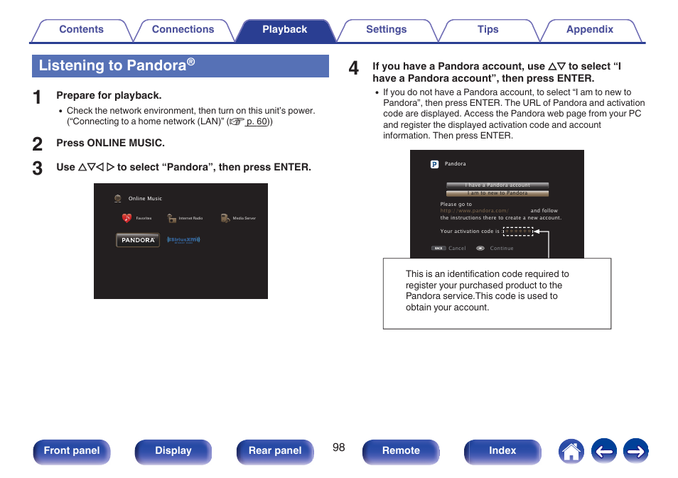 Listening to pandora | Marantz NR1606 User Manual | Page 98 / 291