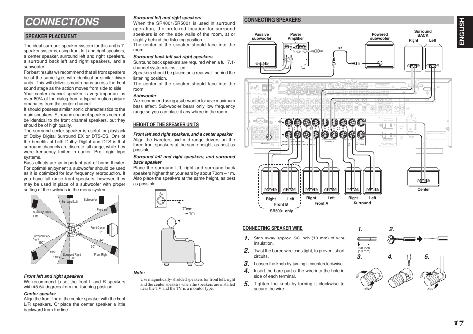 Connections, English, Speaker placement | Connecting speakers, Height of the speaker units, Connecting speaker wire | Marantz SR4001 User Manual | Page 20 / 56