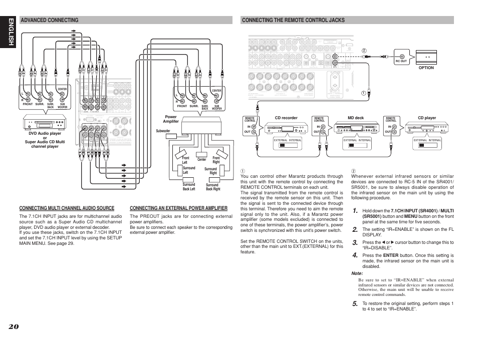 Pr cb, English, Advanced connecting | Connecting the remote control jacks, Connecting multi channel audio source, Connecting an external power amplifier, The setting “ir=enable” is shown on the fl display | Marantz SR4001 User Manual | Page 23 / 56