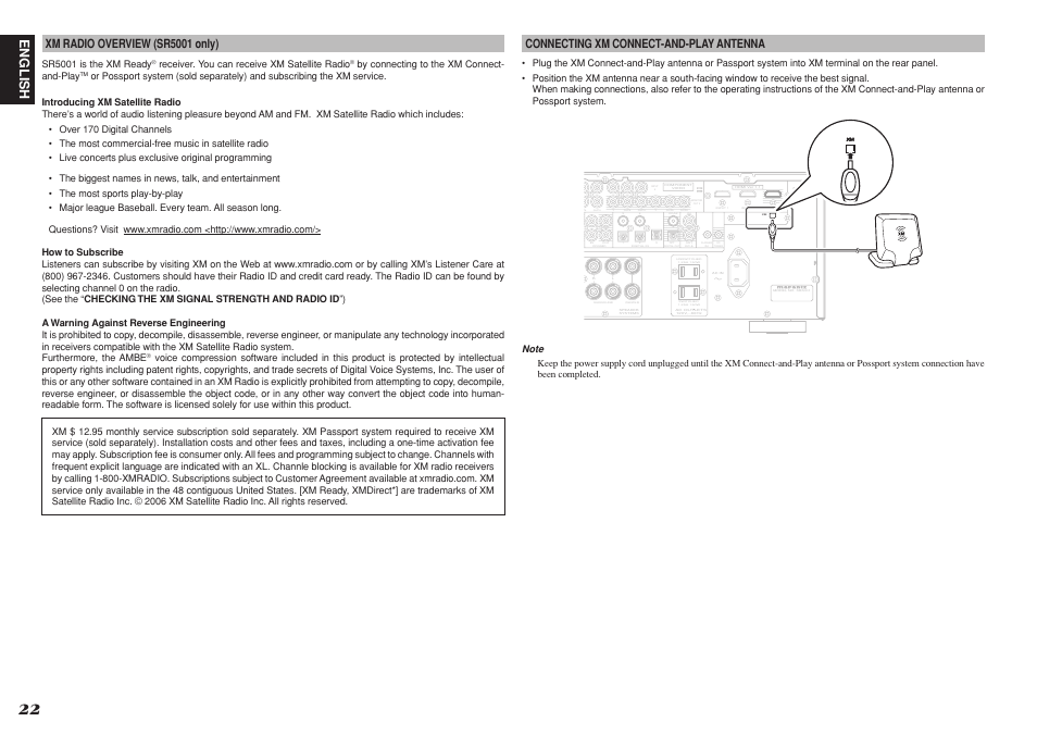 English, Xm radio overview (sr5001 only), Connecting xm connect-and-play antenna | Marantz SR4001 User Manual | Page 25 / 56