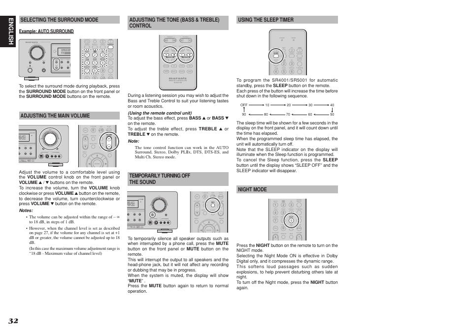 English, Using the sleep timer, Night mode | Selecting the surround mode, Adjusting the main volume, Adjusting the tone (bass & treble) control, Temporarily turning off the sound | Marantz SR4001 User Manual | Page 35 / 56