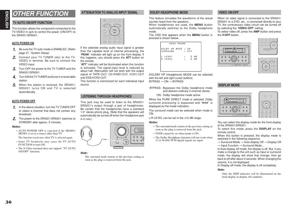 Other function, Md cdr cd dvd aux2 vcr tuner dss tv aux1 amp amp, Tuning preset | P.scan t.mode | Marantz SR4001 User Manual | Page 39 / 56