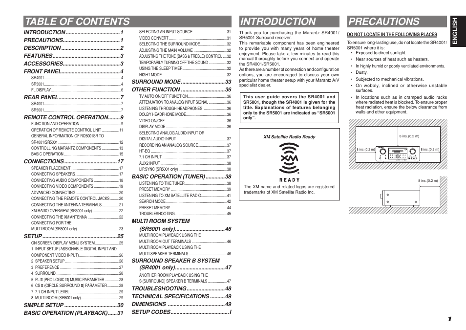 Table of contents introduction, Precautions | Marantz SR4001 User Manual | Page 4 / 56