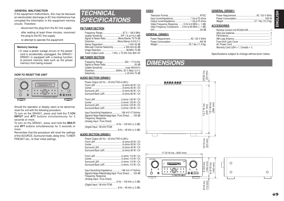 Technical specifications, Dimensions | Marantz SR4001 User Manual | Page 52 / 56