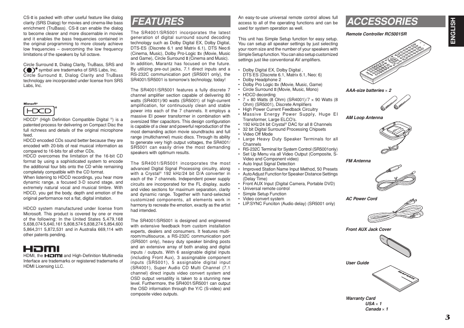 Features, Accessories | Marantz SR4001 User Manual | Page 6 / 56