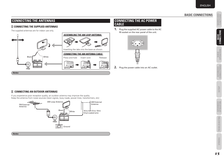 Connecting the antennas, Connecting the ac power cable, Basic connections | Marantz SR5004 User Manual | Page 17 / 96