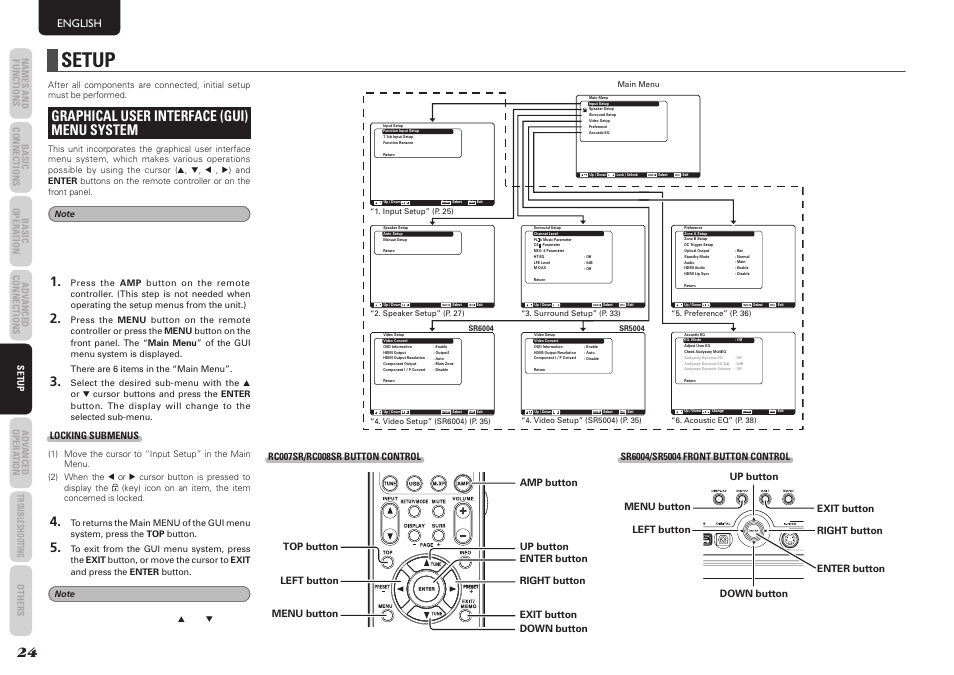 Setup, Graphical user interface (gui) menu system, English | Locking submenus | Marantz SR5004 User Manual | Page 26 / 96