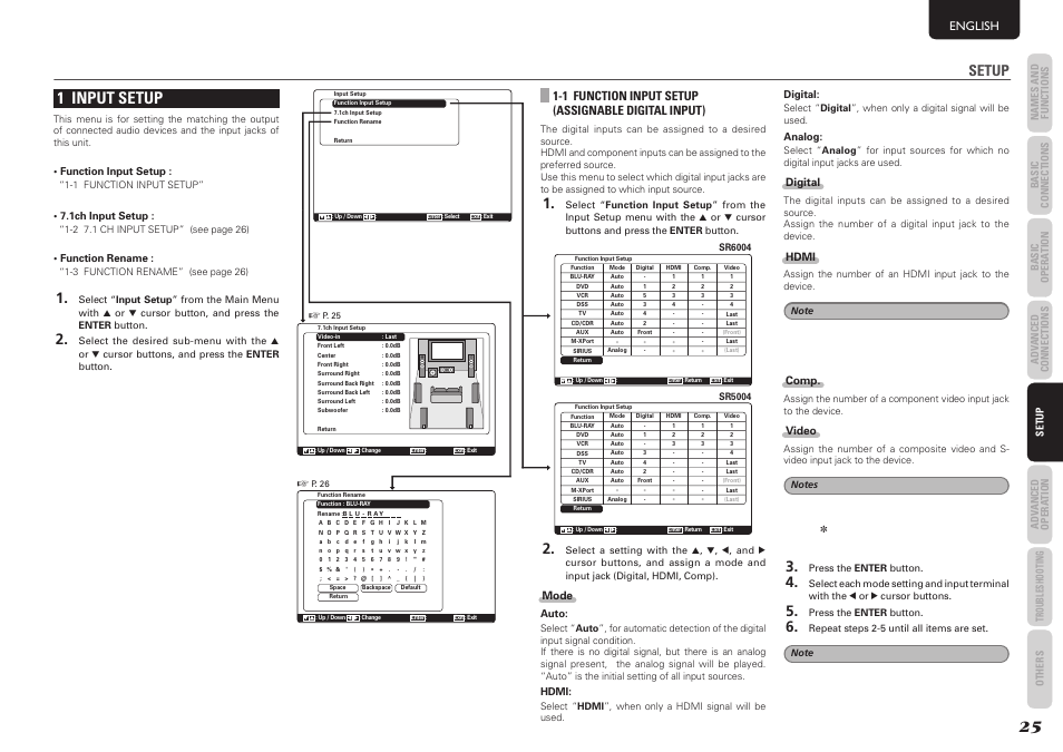 1 input setup, Setup, English | 1 function input setup (assignable digital input), Mode, Digital, Hdmi, Comp, Video | Marantz SR5004 User Manual | Page 27 / 96