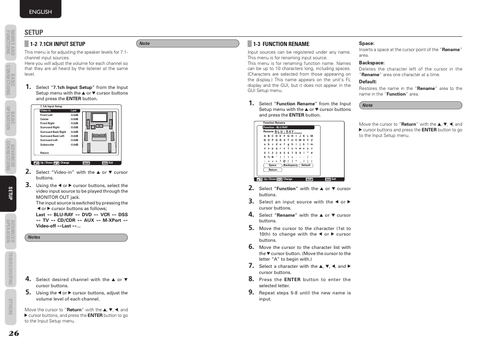 Setup, English, 2 7.1ch input setup | 3 function rename | Marantz SR5004 User Manual | Page 28 / 96