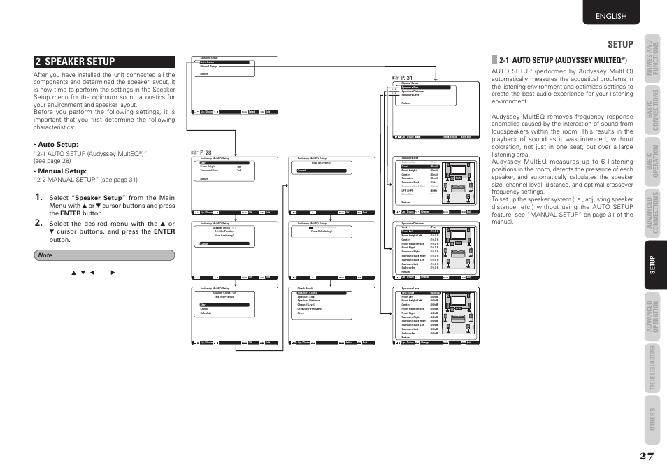 2 speaker setup, Setup, English | Auto setup, Manual setup, Names and functions, 1 auto setup (audyssey multeq, See page 28), 2 manual setup” (see page 31) | Marantz SR5004 User Manual | Page 29 / 96