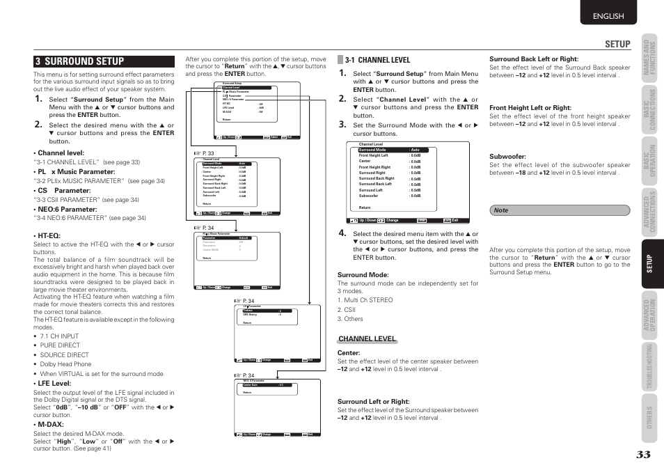 3 surround setup, Setup, English | 1 channel level | Marantz SR5004 User Manual | Page 35 / 96