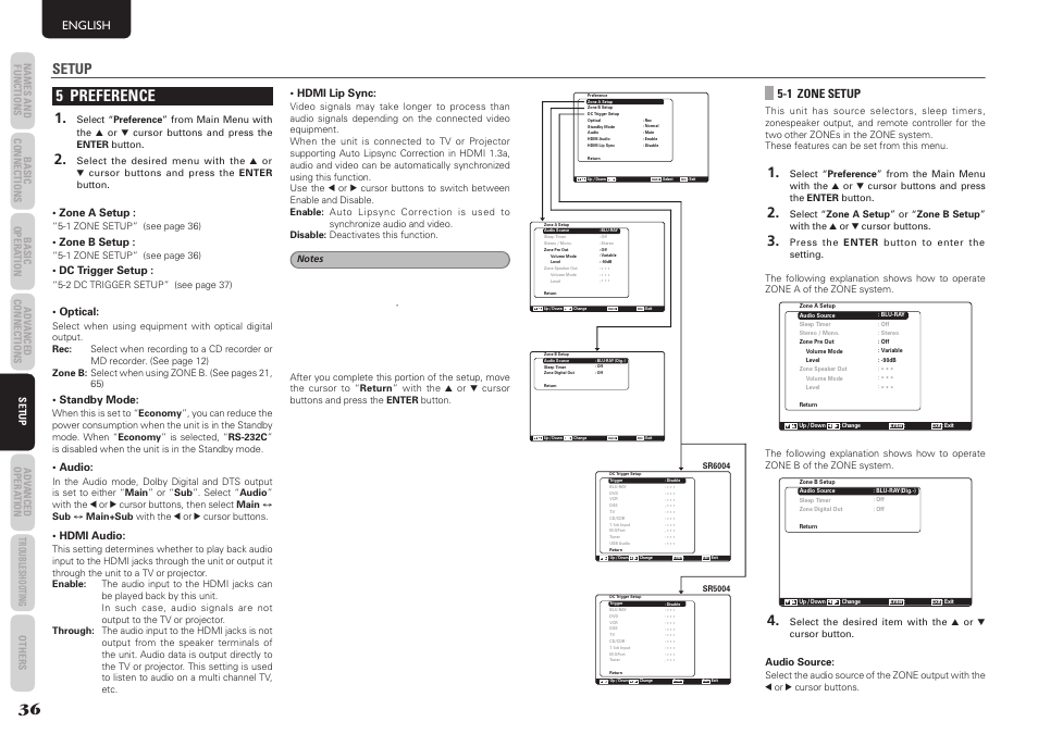 5 preference, Setup, English | 1 zone setup, Zone a setup, Zone b setup, Dc trigger setup, Optical, Standby mode, Audio | Marantz SR5004 User Manual | Page 38 / 96