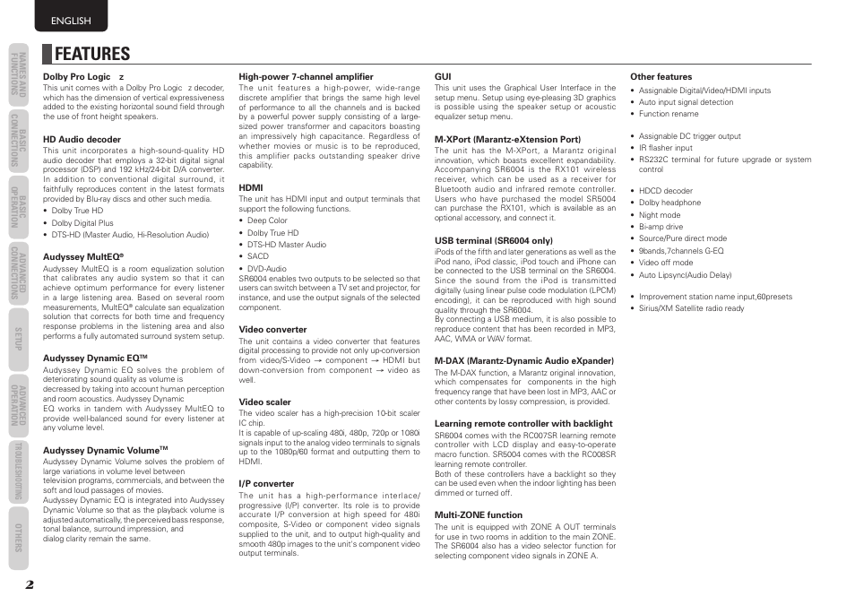 Features | Marantz SR5004 User Manual | Page 4 / 96