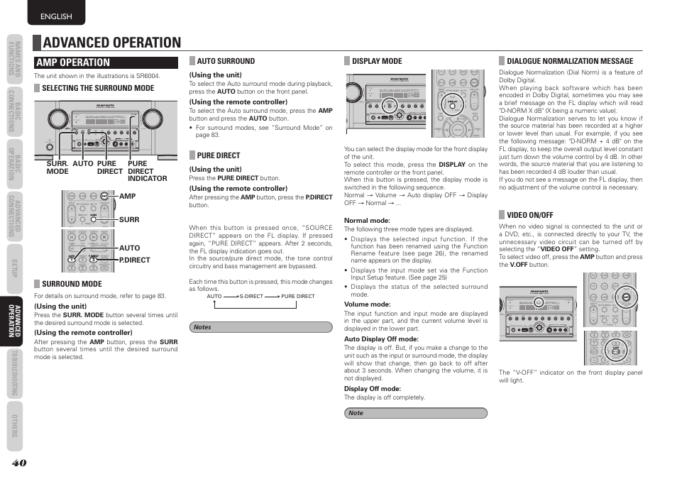 Advanced operation, Amp operation | Marantz SR5004 User Manual | Page 42 / 96