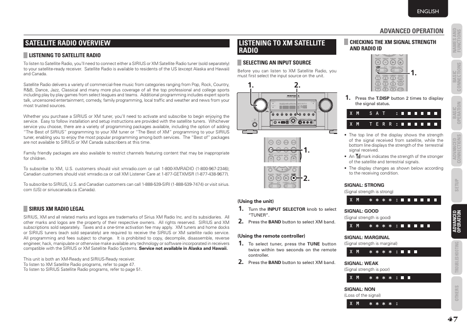 Satellite radio overview, Listening to xm satellite radio | Marantz SR5004 User Manual | Page 49 / 96