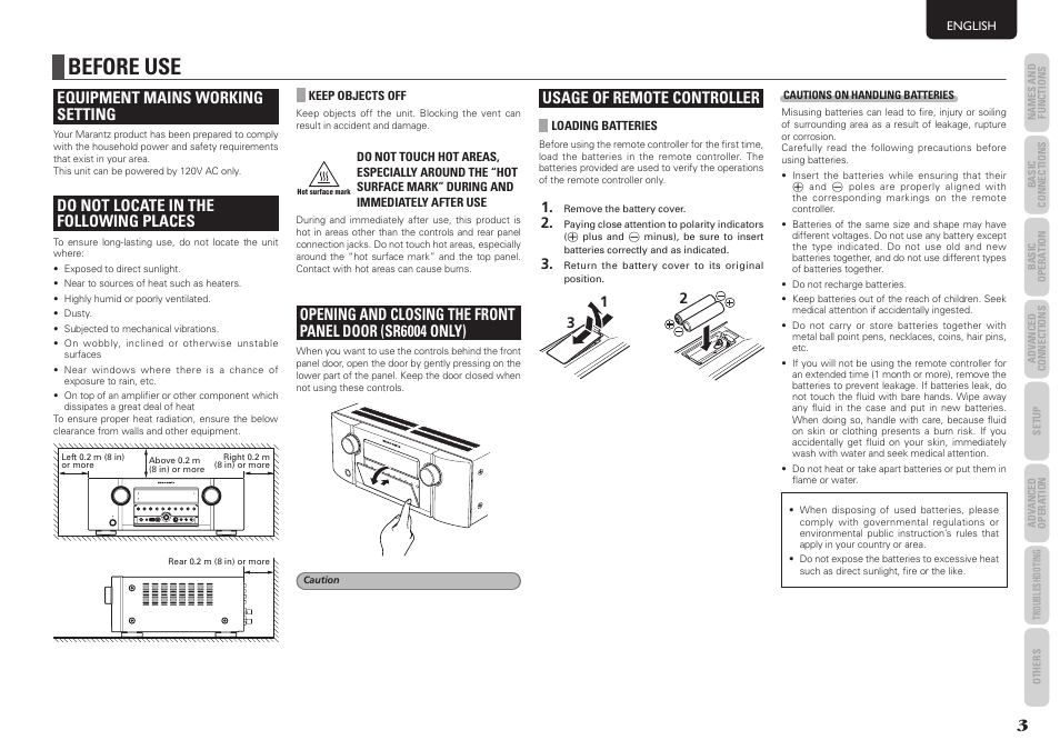 Before use, Equipment mains working setting, Do not locate in the following places | Usage of remote controller | Marantz SR5004 User Manual | Page 5 / 96