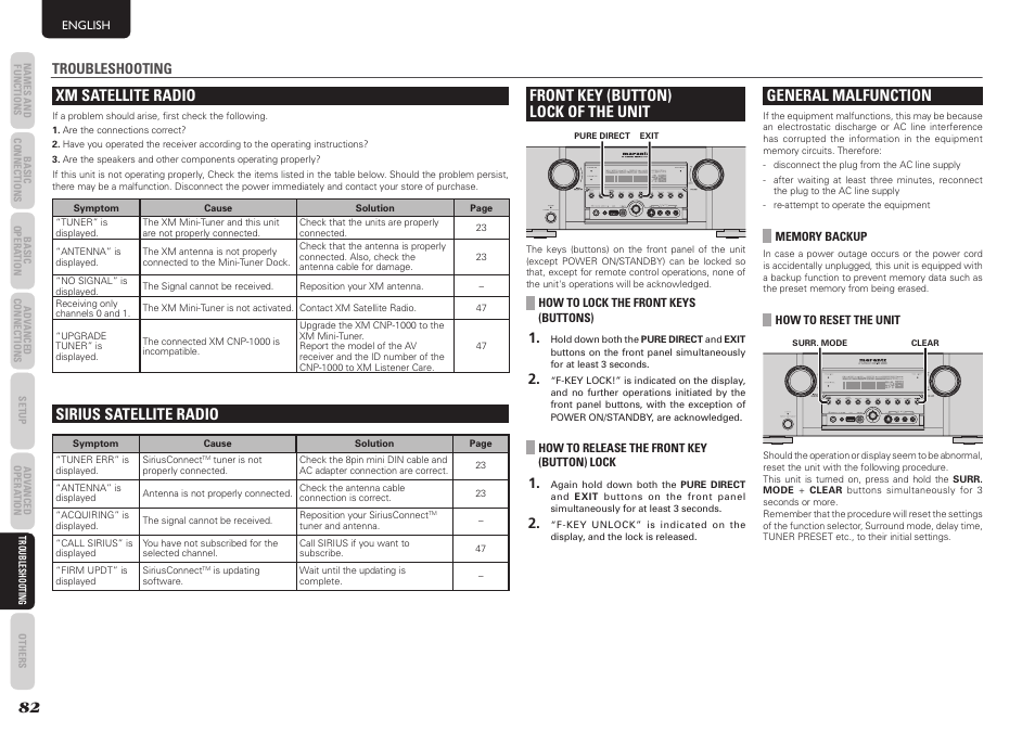 Front key (button) lock of the unit, General malfunction, Xm satellite radio | Sirius satellite radio, Troubleshooting | Marantz SR5004 User Manual | Page 84 / 96