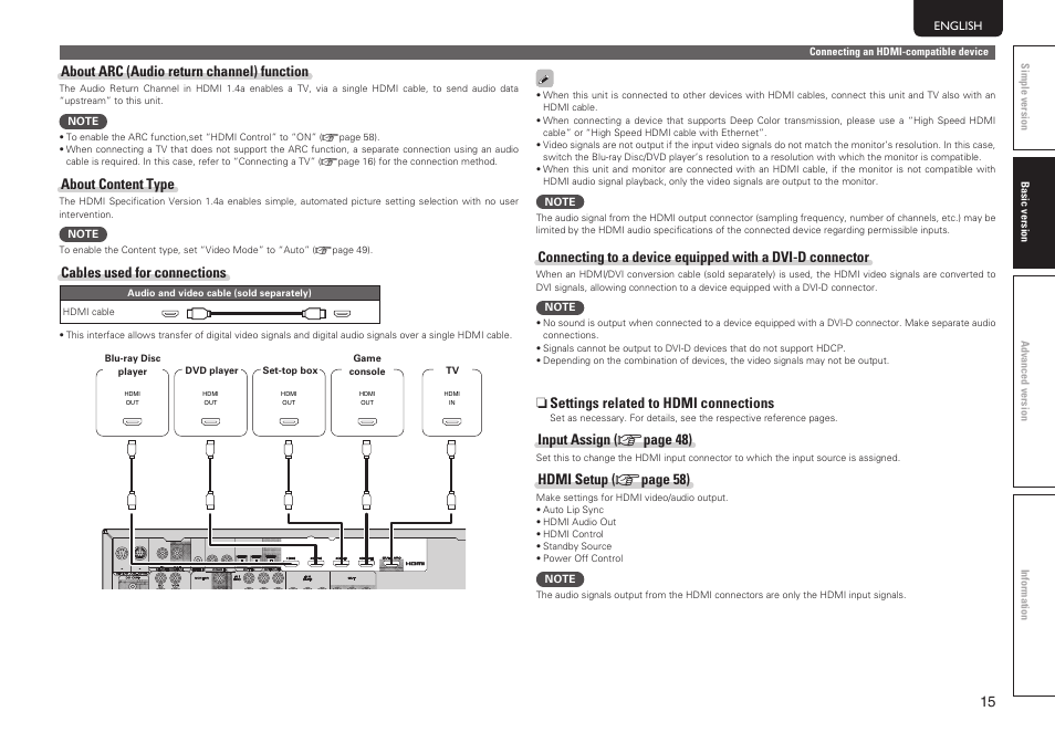 About arc (audio return channel) function, About content type, Cables used for connections | N settings related to hdmi connections, Input assign ( v page 48), Hdmi setup ( v page 58) | Marantz SR5005 User Manual | Page 18 / 91