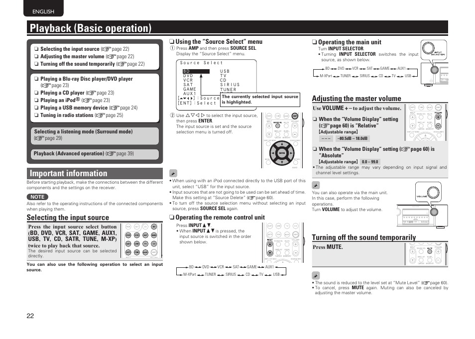 Playback (basic operation), Important information, Selecting the input source | Adjusting the master volume, Turning off the sound temporarily | Marantz SR5005 User Manual | Page 25 / 91